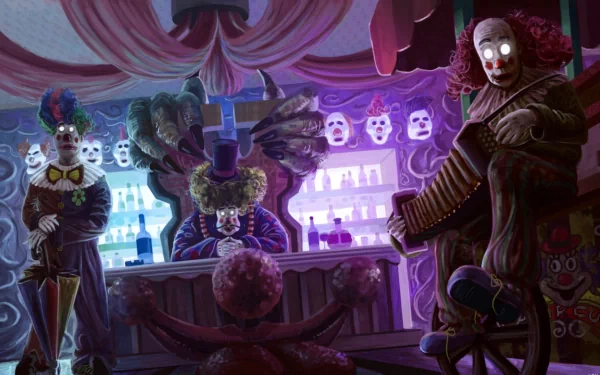 A dark-themed HD desktop wallpaper featuring sinister clowns in a dimly lit carnival setting, with vibrant colors and eerie details that create a haunting atmosphere.