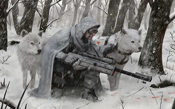 A sci-fi warrior crouches in a snowy forest, flanked by two white wolves, armed and ready for action. This striking HD wallpaper captures a scene of adventure and resilience.