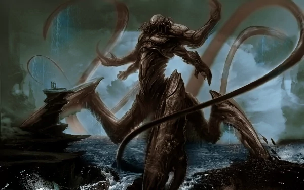 A dramatic fantasy scene featuring a massive kraken rising from turbulent waters, set against a stormy backdrop. This HD wallpaper captures the awe-inspiring power of mythical ocean creatures.