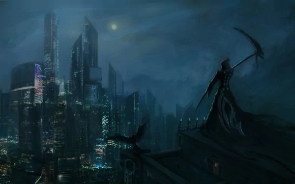 A dark and atmospheric HD wallpaper featuring a Grim Reaper figure overlooking a futuristic city skyline under a moody sky.