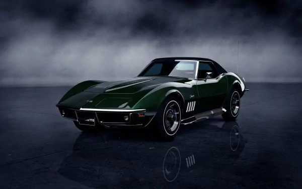 HD PC desktop wallpaper featuring a sleek Chevrolet vehicle in a dark, reflective setting with a dramatic cloudy background.