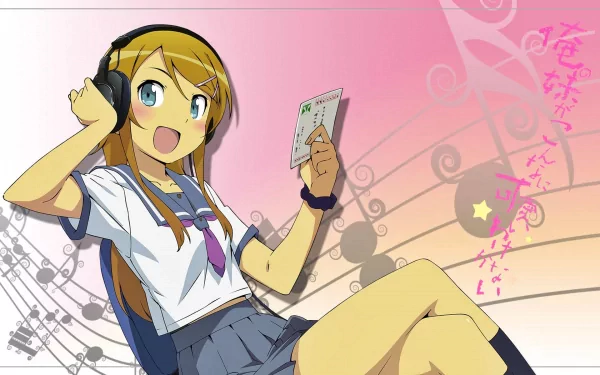 HD PC desktop wallpaper featuring Kirino Kousaka from the anime Oreimo, with a vibrant pink and musical notes background.