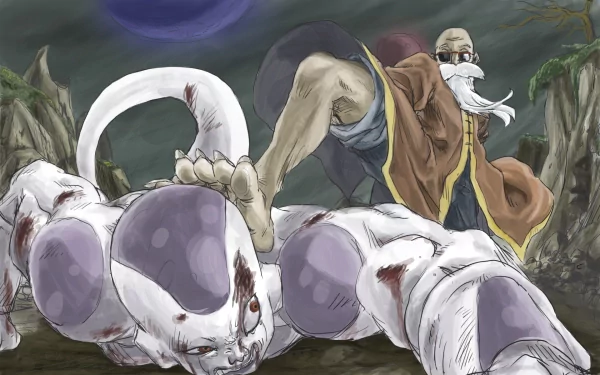 HD desktop wallpaper featuring an intense scene from Dragon Ball Z with a character in a dynamic pose overlooking a defeated opponent in a rugged landscape.