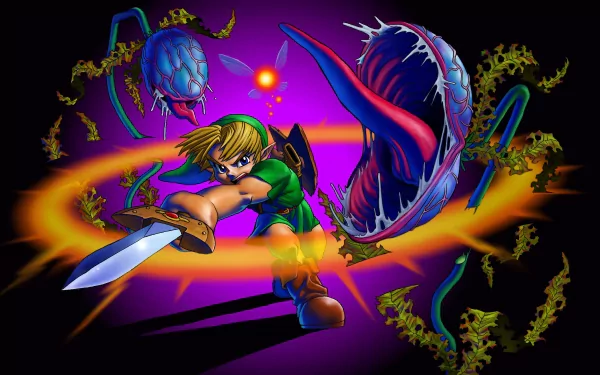 HD PC desktop wallpaper featuring Link from the video game The Legend of Zelda: Ocarina of Time, wielding a sword and surrounded by menacing, plant-like creatures.