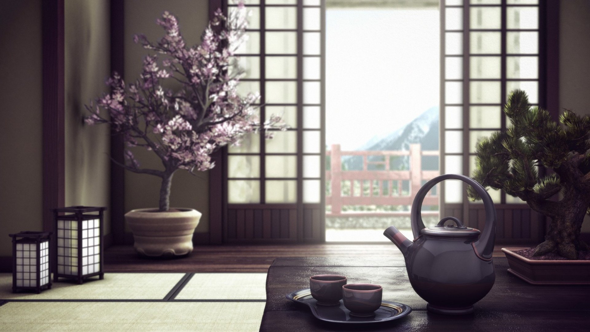Oriental artistic room: sunlit tatami interior with shoji screens, tea set and cherry blossom bonsai on a low table, mountain and bridge visible outside — HD PC desktop wallpaper/background.