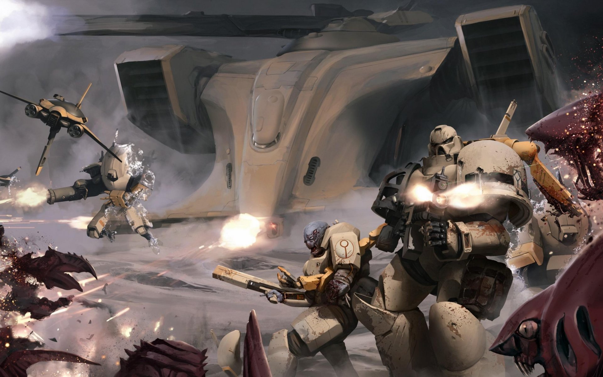 HD PC desktop wallpaper depicting an intense Warhammer video game ambush scene with heavily armed soldiers firing amidst chaotic battle.