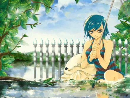A captivating HD wallpaper featuring Juvia Lockser from the anime Fairy Tail, set in a tranquil scene surrounded by lush greenery and a serene water backdrop.