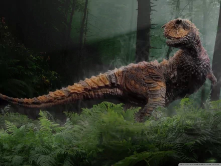A majestic dinosaur stands prominently among lush greenery in this HD PC desktop wallpaper, capturing the essence of a prehistoric world.
