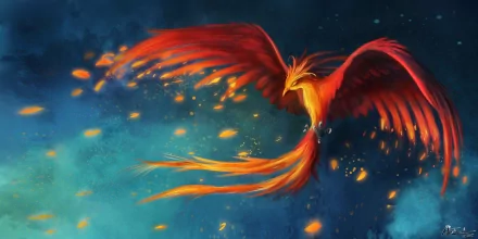 A vibrant phoenix with fiery red and gold feathers soars against a mystical blue backdrop, surrounded by glowing embers. This captivating fantasy image serves as a stunning HD desktop wallpaper.