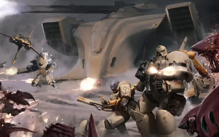 HD PC desktop wallpaper depicting an intense Warhammer video game ambush scene with heavily armed soldiers firing amidst chaotic battle.