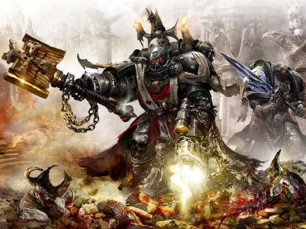HD PC desktop wallpaper featuring a Warhammer video game scene with heavily armored warriors in battle, showcasing intense action and detailed fantasy armor design.