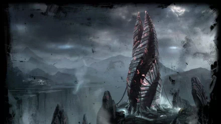 HD PC desktop wallpaper depicting a dark, eerie sci-fi landscape from the video game Dead Space, featuring a towering alien structure under a stormy sky.