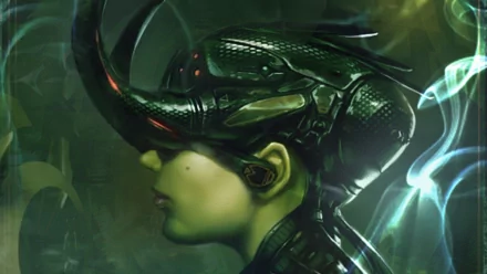 HD sci-fi desktop wallpaper featuring a woman with an intricate, biomechanical helmet blending seamlessly into a dark, futuristic environment.