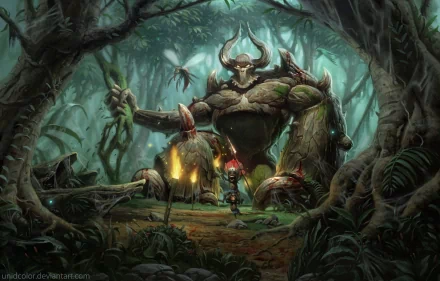 Epic battle scene from Diablo II featuring a warrior confronting a towering demon in a dark, forested environment, rendered in stunning 8K Ultra HD quality.
