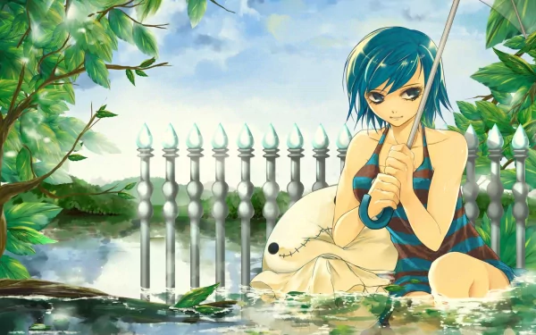 A captivating HD wallpaper featuring Juvia Lockser from the anime Fairy Tail, set in a tranquil scene surrounded by lush greenery and a serene water backdrop.