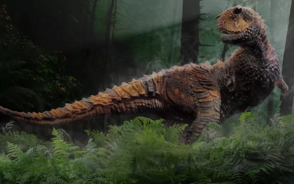 A majestic dinosaur stands prominently among lush greenery in this HD PC desktop wallpaper, capturing the essence of a prehistoric world.