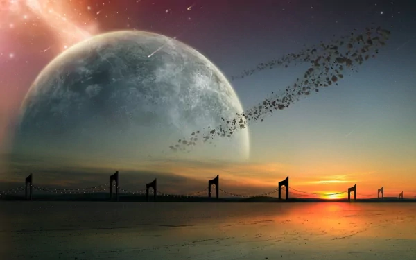 A stunning sci-fi scene featuring a massive planet rising over a horizon dotted with silhouette structures, blending vibrant colors of sunset and cosmic elements in a captivating desktop wallpaper.