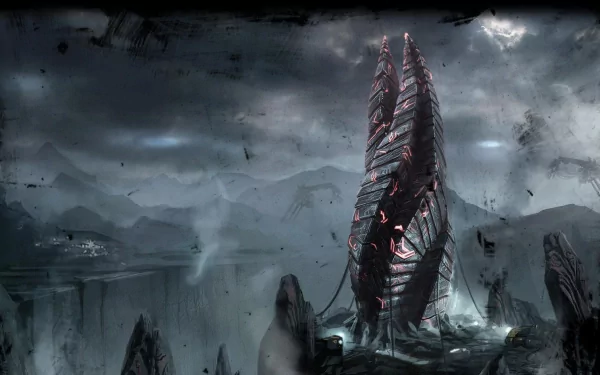 HD PC desktop wallpaper depicting a dark, eerie sci-fi landscape from the video game Dead Space, featuring a towering alien structure under a stormy sky.