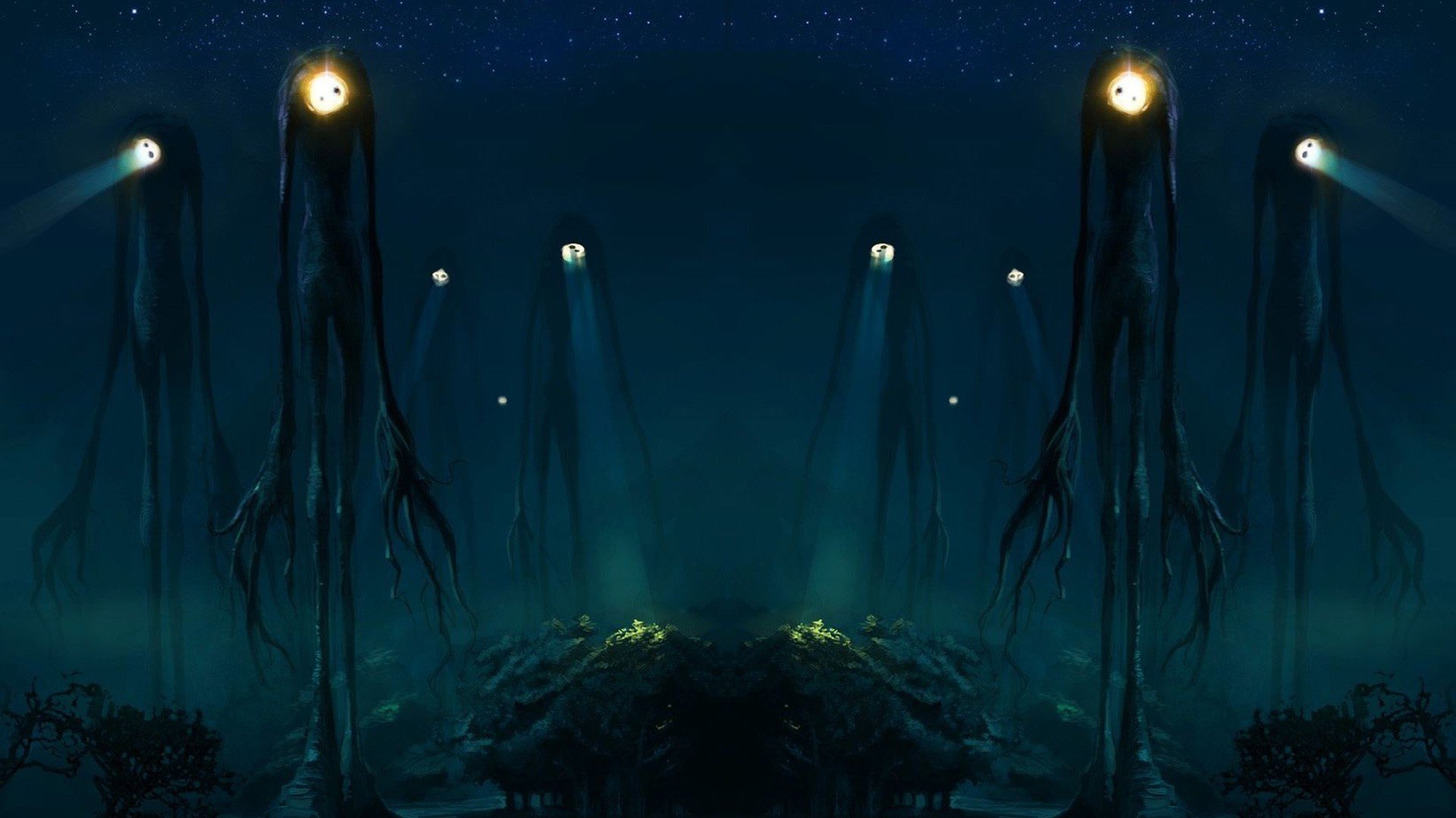 HD sci-fi desktop wallpaper featuring eerie, tall, dark creatures with glowing eyes emerging from a misty, underwater-like environment.