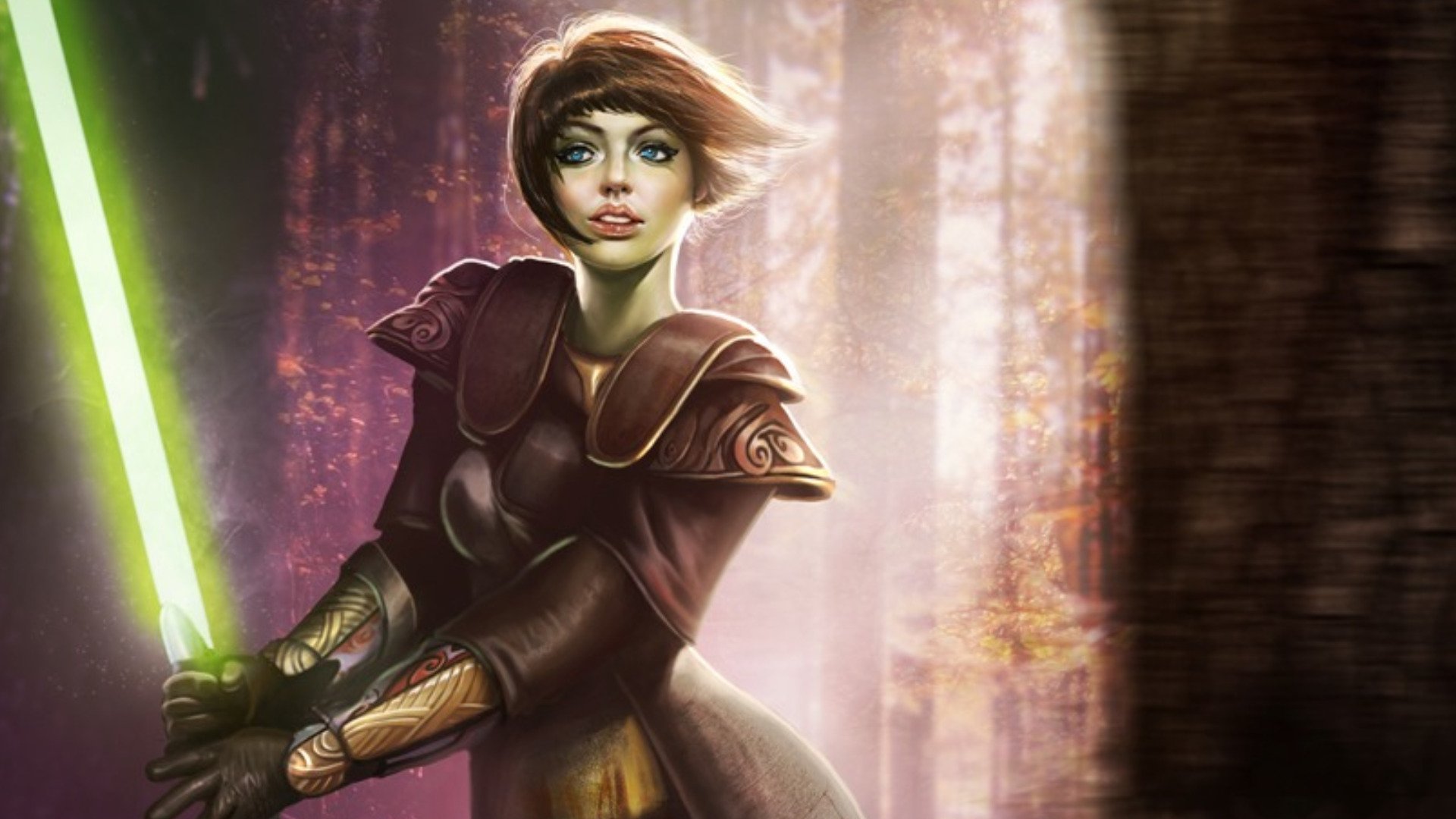 Sci-fi woman warrior in armor wielding a glowing green lightsaber in a misty forest — HD PC desktop wallpaper.