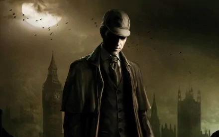 HD PC desktop wallpaper featuring Sherlock Holmes in a dark, moody scene from the video game The Testament of Sherlock Holmes.