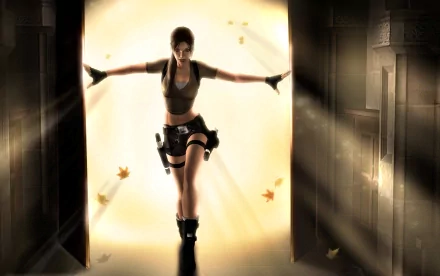 A dynamic HD PC desktop wallpaper featuring a character from Tomb Raider, confidently stepping through an illuminated doorway, with beams of light highlighting the scene.