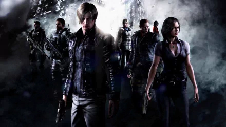 HD desktop wallpaper featuring characters from the video game Resident Evil 6. A group of armed soldiers stand in a dark, foggy environment, showcasing intense atmosphere and action.