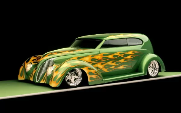 A striking green Ford sedan hot rod features vibrant flame graphics, showcased in this HD desktop wallpaper, highlighting its sleek design and impressive wheels.