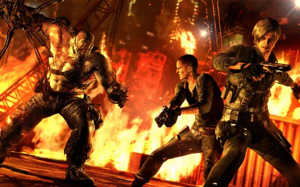 A dynamic HD desktop wallpaper featuring characters from Resident Evil 6, showcasing intense action against a fiery backdrop.