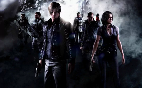 A dramatic HD desktop wallpaper featuring characters from Resident Evil 6, showcasing a group of iconic figures poised for action against a smoky backdrop.