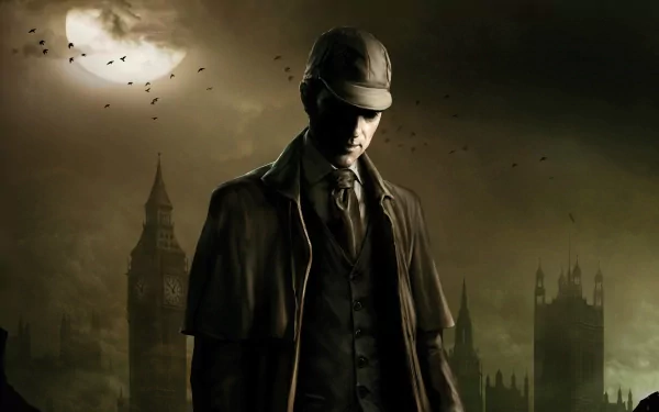 HD PC desktop wallpaper featuring Sherlock Holmes in a dark, moody scene from the video game The Testament of Sherlock Holmes.