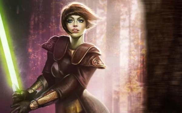 Sci-fi woman warrior in armor wielding a glowing green lightsaber in a misty forest — HD PC desktop wallpaper.