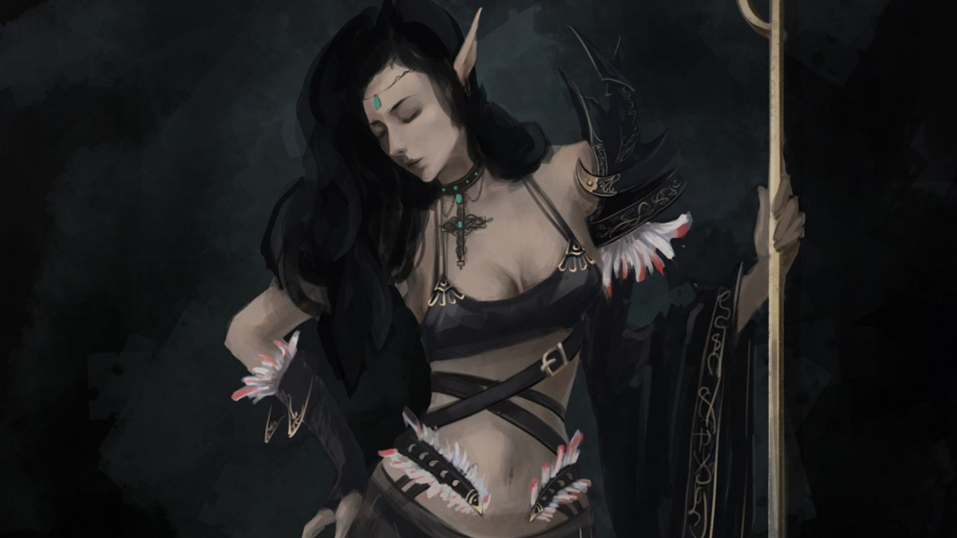 HD fantasy desktop wallpaper depicting a dark-haired elf with pointed ears, adorned in intricate armor and holding a staff against a shadowy background.