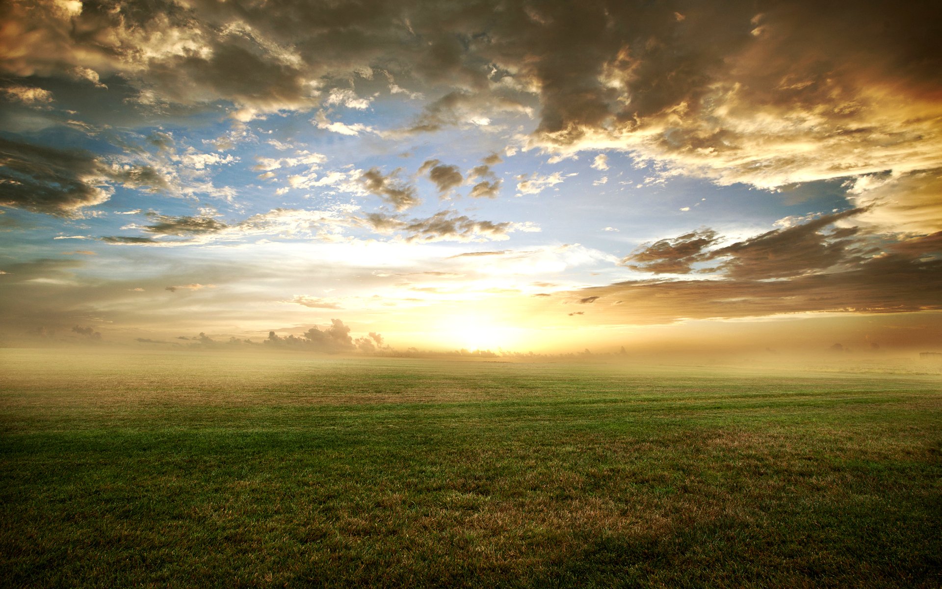 Download Grass Cloud Sky Fog Field Hdr Scenic Landscape Nature Sunrise Hd Wallpaper