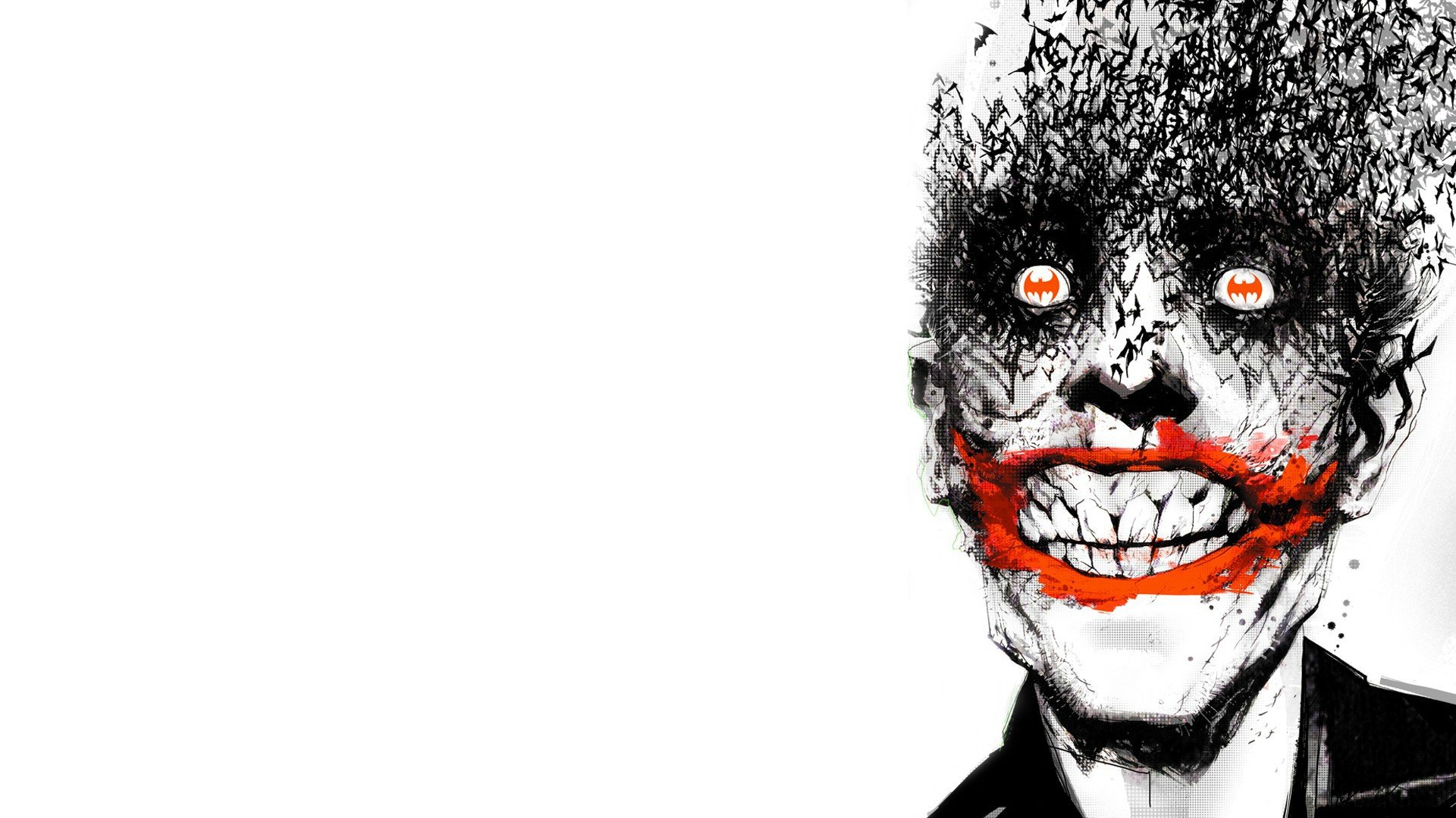 HD PC desktop wallpaper featuring a stylized, chaotic black-and-white illustration of the Joker from the Batman movie, with vivid red accents on the smile and eyes.