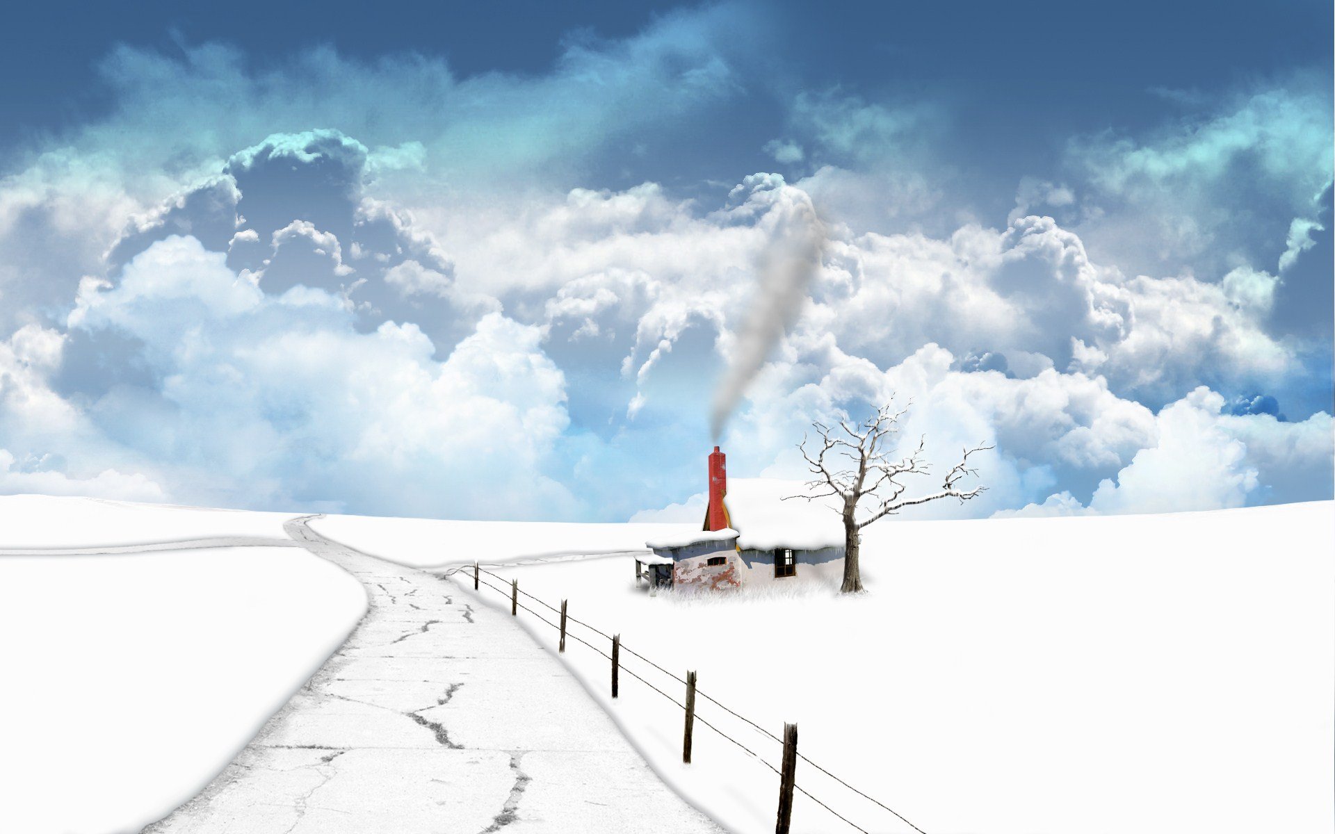 HD PC desktop wallpaper of a frozen white winter fantasy landscape with snow-covered ground, a small cabin emitting smoke, and a barren tree under a cloudy sky.