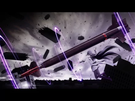 HD PC desktop wallpaper featuring Homura Akemi from the anime Puella Magi Madoka Magica, surrounded by dark clouds and glowing purple energy.