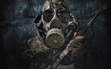 A dark HD desktop wallpaper featuring a figure wearing a gas mask, holding a rifle, set against a gritty background that evokes a post-apocalyptic atmosphere.