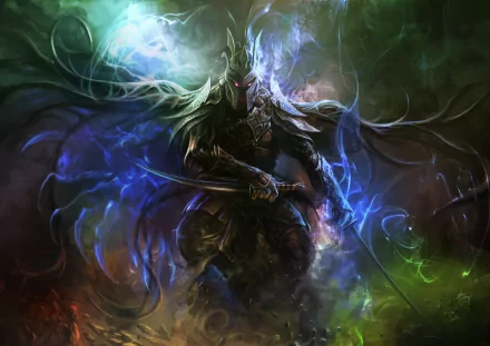 HD desktop wallpaper featuring a fantasy warrior in dark armor, wielding a sword, surrounded by mystical swirling colors.