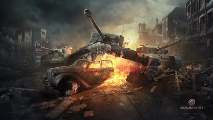 A dramatic HD wallpaper from World of Tanks, featuring a burning car surrounded by tanks in a war-torn cityscape, capturing the intensity of battle in a video game setting.