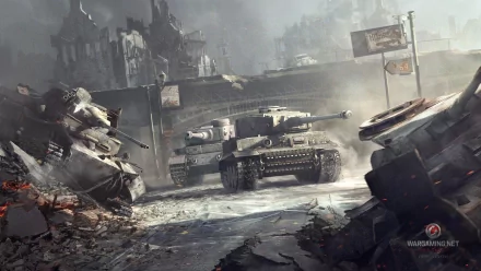 HD desktop wallpaper and background from World of Tanks, showcasing tanks in a war-torn urban setting with dilapidated buildings and debris.
