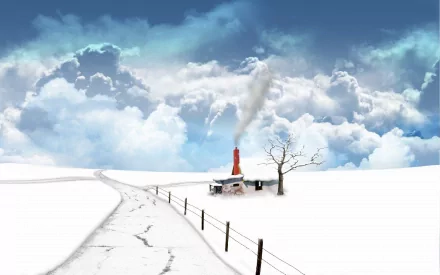HD PC desktop wallpaper of a frozen white winter fantasy landscape with snow-covered ground, a small cabin emitting smoke, and a barren tree under a cloudy sky.