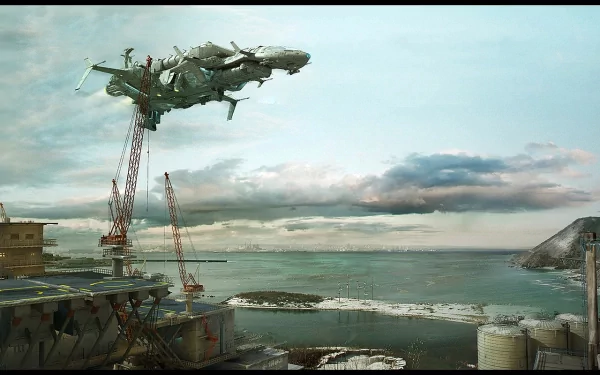HD sci-fi desktop wallpaper featuring a detailed spaceship hovering above a futuristic harbor with cranes and industrial structures under a cloudy sky.