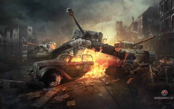 A dramatic HD wallpaper from World of Tanks, featuring a burning car surrounded by tanks in a war-torn cityscape, capturing the intensity of battle in a video game setting.