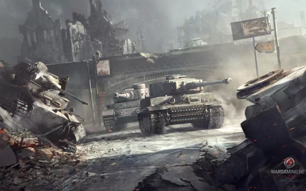 HD desktop wallpaper and background from World of Tanks, showcasing tanks in a war-torn urban setting with dilapidated buildings and debris.