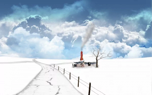 HD PC desktop wallpaper of a frozen white winter fantasy landscape with snow-covered ground, a small cabin emitting smoke, and a barren tree under a cloudy sky.