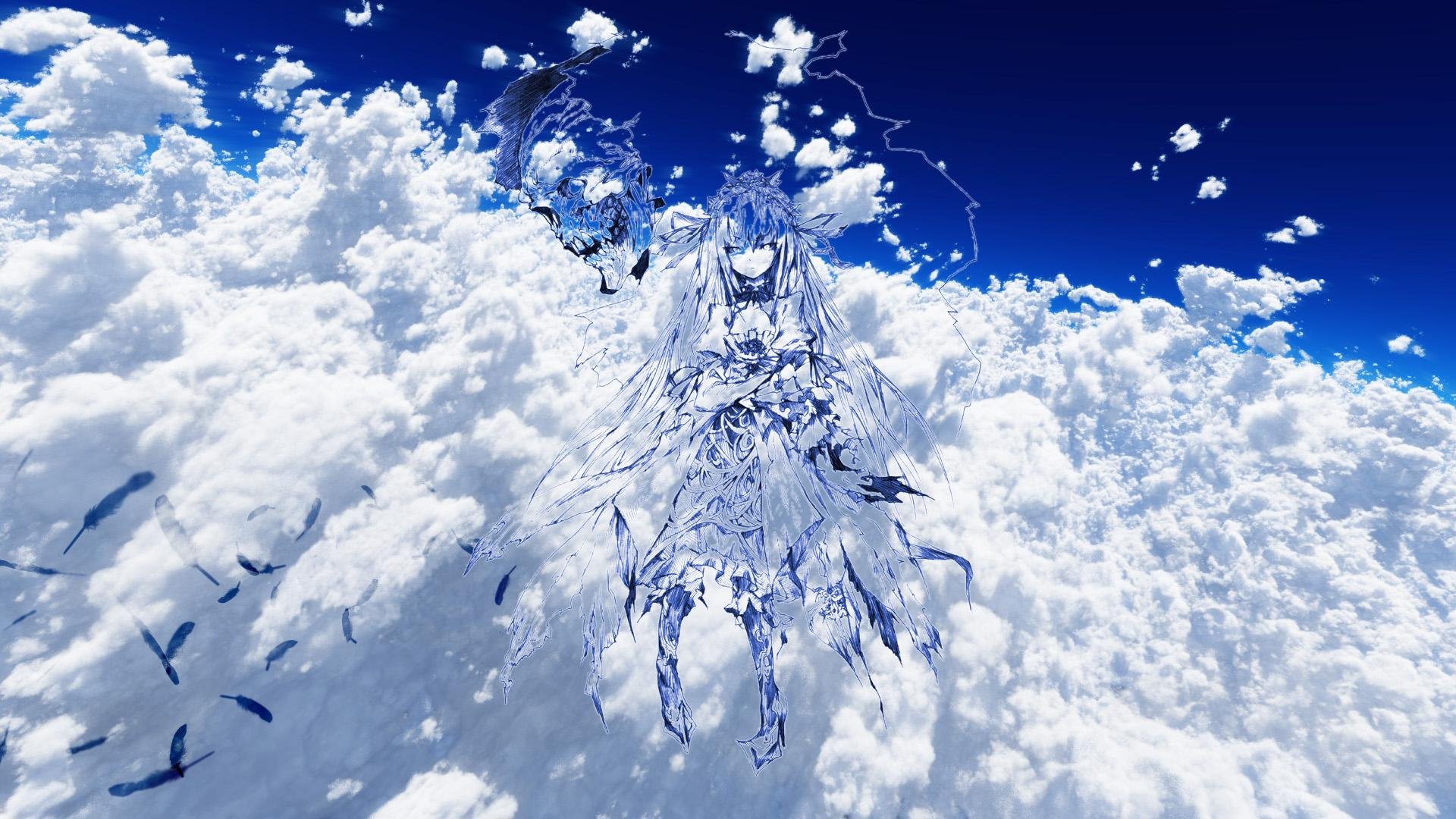 An ethereal anime scene from Rozen Maiden, featuring a ghostly figure surrounded by clouds and blue skies, creating a captivating HD desktop wallpaper.