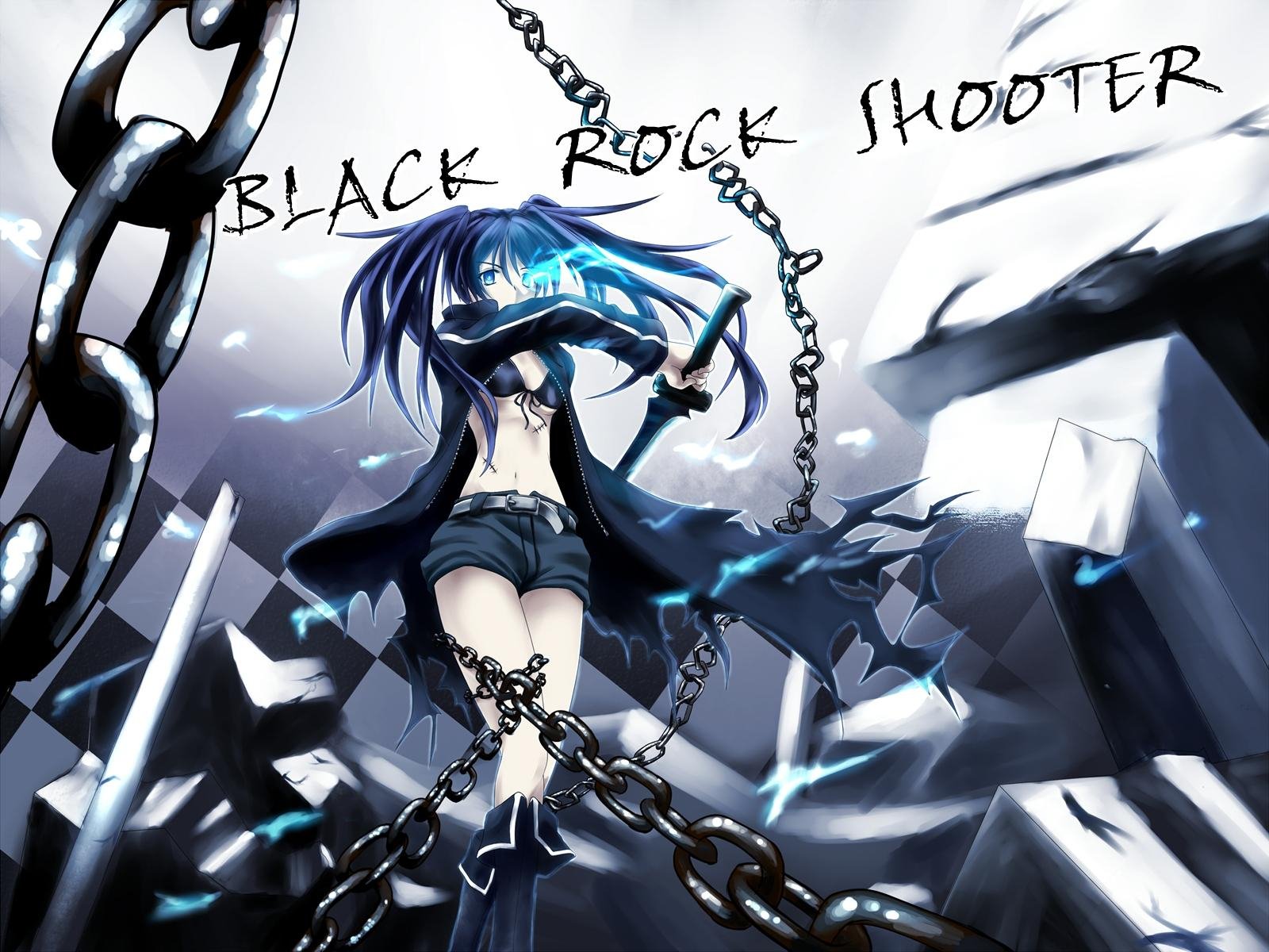 Anime-inspired HD desktop wallpaper featuring Black Rock Shooter, depicted with striking blue hair, chains, and an intense atmosphere amidst a shattered landscape.
