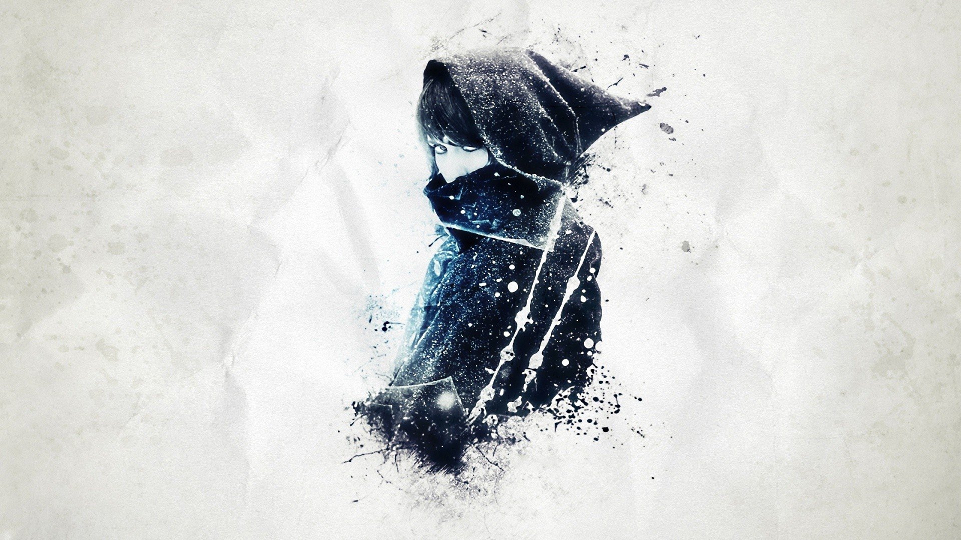 An artistic depiction of a woman in a hooded cloak, rendered with vibrant splashes of color against a textured background, creating a captivating HD desktop wallpaper.