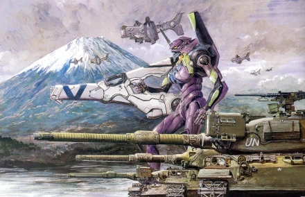 A striking HD wallpaper featuring Evangelion Unit-01 beside military tanks, set against a backdrop of Mount Fuji, capturing the essence of Neon Genesis Evangelion's anime aesthetic.